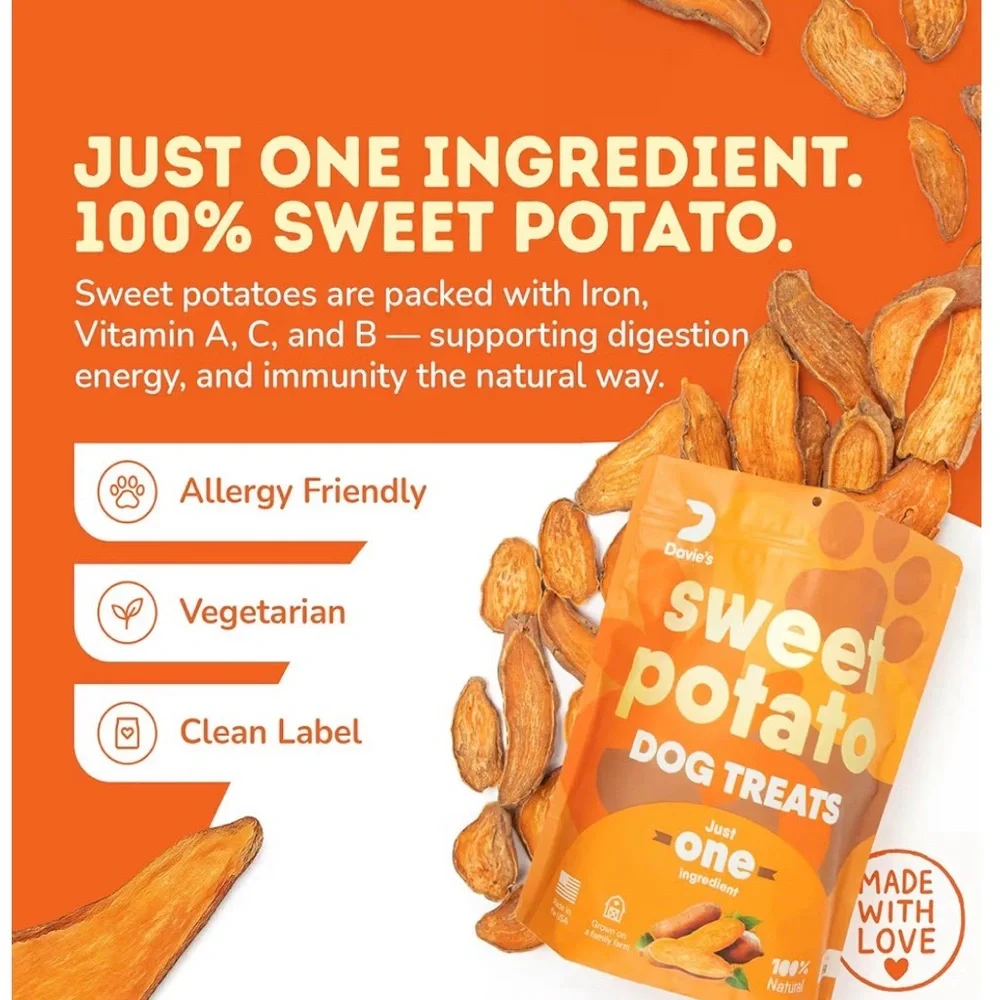 NWT Davie's Naturals Sweet Potato Dog Treats Chews, Low Fat - 1 lb. Bag